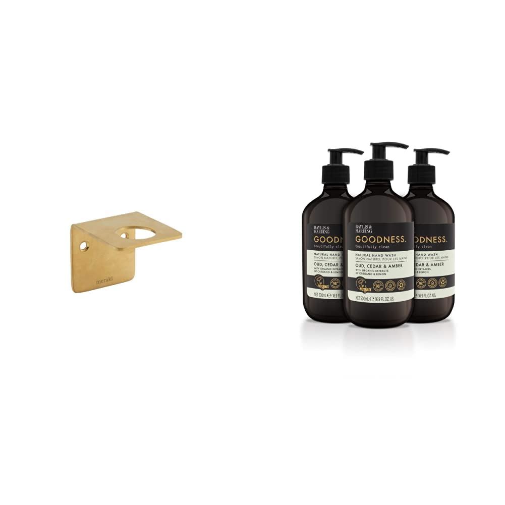 MerakiSupply Brushed Brass Finish Wall Bracket, One Size & Baylis & Harding Goodness Oud, Cedar & Amber Natural Hand Wash 500ml, Pack of 3 - Vegan Friendly