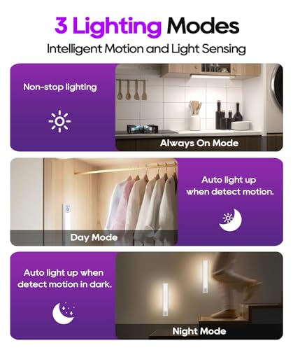 Image of 2 Pack 3200mAh Motion Sensor Under Cabinet Lights, 3 Color Temperature, Battery Powered, Kitchen, Closet, Bedroom