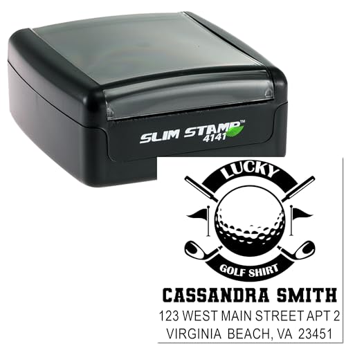 Image of Customized Pocket Size Lucky Golf Style Slim Pre Inked Address Stamp | Choice of 5 ink colors. Slim Pre Inked Stamp. Custom Made Golf Stamp. Square imprint. Stores flat. Engraved after you order.