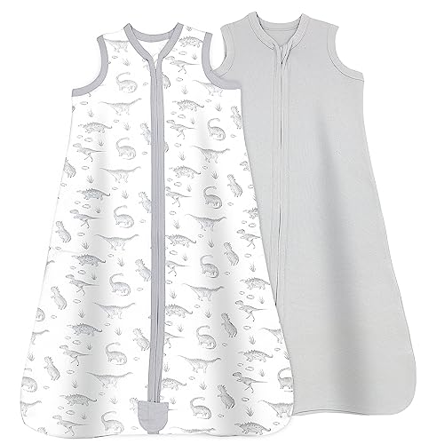 Image of Baby Wearable Blanket, Cotton Sleep Sacks for 6-12 Months, 2 Pack Unisex Sleeping Bag Sack (Dinosaur & Grey Solid)