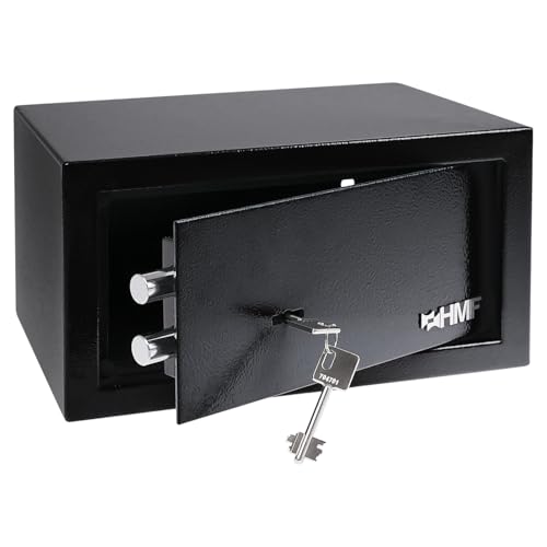 HMF Caja fuerte con llave, caja fuerte para muebles, safe compacto y resistente para hogar u oficina | 31 x 17 x 25 cm | Negro
