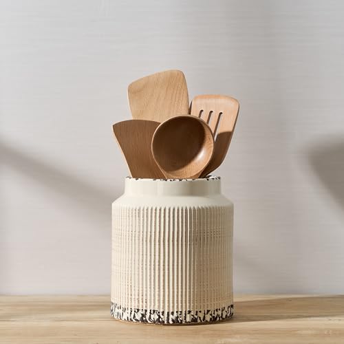 JIEMEI HOME Kitchen Utensil Holder, 6.77" Ceramic Farmhouse Stable Utensil Crock for Countertop, Vintage Style Cooking Tool Organizer with Cork Mat, Spatula Holder For Kitchen Decor, Antique Beige