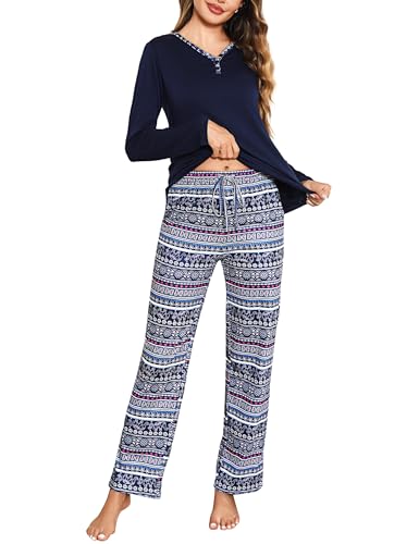 Uniexcosm Pijama Mujer Largo Pijamas para Mujer Invierno Algodón Conjunto de Pijama para Mujer 2 Piezas Manga Larga Ropa de Dormir para Mujer Pantalones Largo Azul Oscuro M