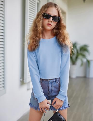 Image of Arshiner Girls Crop Tops Kids Long Sleeve Pullover Sweatshirts Girls Cropped Crewneck Sweatshirt for Teen Girl