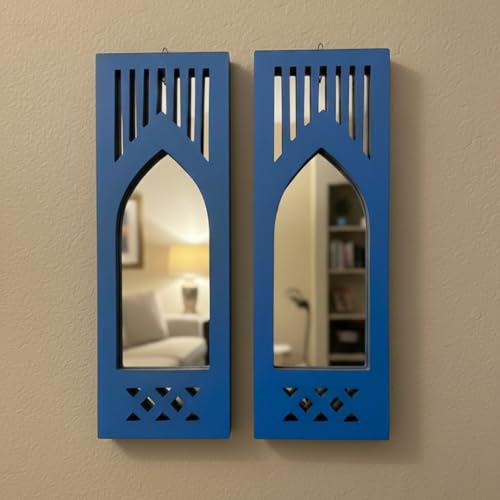 Image of Nandini Handcrafted Traditional Set of 2 MDF Wooden Mirror Jharokha Wall Art | Blue Modern Boho Style Decorative Mirror Wall Hangings (Blue Modern Set of 2)