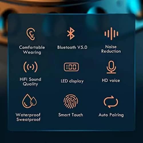 Grid of icons representing features: Comfortable Wearing, Bluetooth V5.0, Noise Reduction, HiFi Sound Quality, LED display, HD voice, Waterproof Sweatproof, Smart Touch, Auto Pairing.