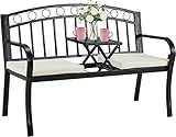 AVAWING Outdoor Metal Garden Bench, 2-Seat Patio Porch Bench with Steel Frame, Park Bench w/Pullout Middle Table＆ Cushion for Backyard Lawn Deck Entryway, Black