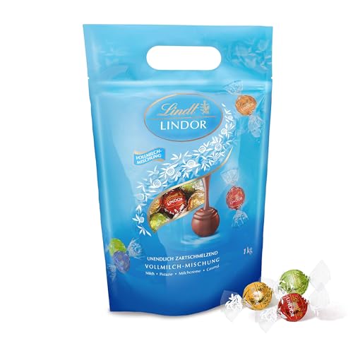 Lindt Schokolade LINDOR Kugeln Vollmilch Mischung | 1 KG Beutel, wiederverschließbar | ca. 80 Kugeln in 4 Sorten (Milch, Pistazie, Milchcrème, Caramel) | Großpackung | Schokoladengeschenk