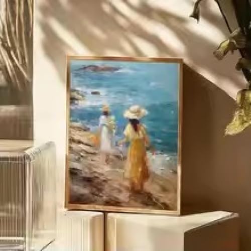 Toile murale deux filles en bord de mer style vintage nordique sans cadre 80x110 cm
