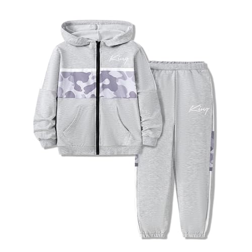 Voxikodex Size 11 12 Years Teen Boys Clothing Camo Color Block Grey Zip Up Hoodie & Pants 2PCS Fashion Kids Boys Fall Clothes Set(11-12Y)