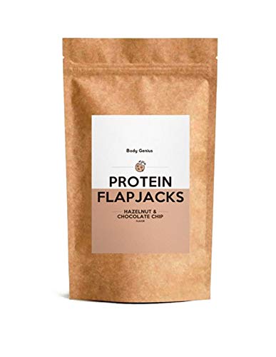 BODY GENIUS Protein Flapjacks (Avellana y chocolate chips). 500g. Preparado para barritas y galletas proteicas. Sin azúcares añadidos. Con Proteína. Snack Saludable. Hecho en España.