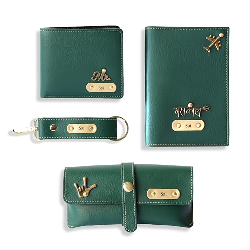 Image of Personalised All in One Men's Combo Gift (4 pcs) Customized Leather Wallets, Key Chain, Eyewear Case and Passport Cover with Name | Best Gift for Brother, Husband, Boyfriend, Father (Green)