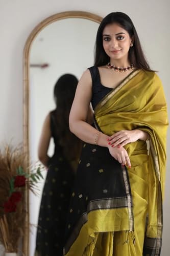 Image of Women's Cotton Woven Soft Sarees With Attach Blouse Piece.