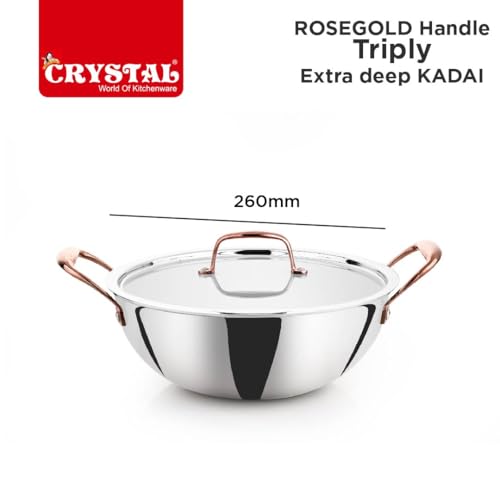 Image of Crystal TriPro -Triply Stainless Steel Extra Deep Kadai with Lid - 26 cm (Induction Bottom), with Rose Gold Handle (CTP-EDK-003A)