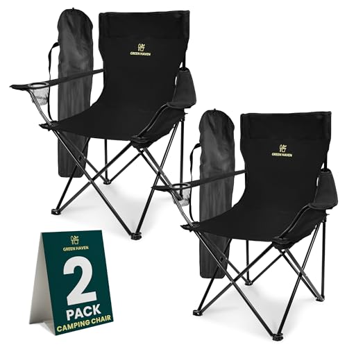 Green Haven Folding Camping Chair - Black Lightweight Picnic Chair w/Cup Holder, 600D Polyester & Rip Stop, Heavy Duty Steel Frame Arm Portable Comfy for Outdoor Camping