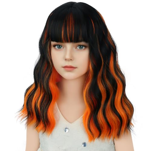 Image of Orange Mixed Black Wig Short Orange Black Wavy Curly Wigs Wig with Air Bangs Synthetic Cosplay Hair Wigs