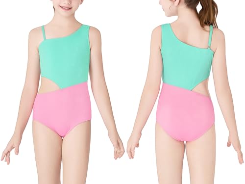 Image of Dvenki Big Girls Asymmetric Cutout Swimsuit Adjustable Straps Sizes 6X-16 | color block, leopard, tropical prints, front lined swimwear, removable pads, suitable for beach, vacation, pool play