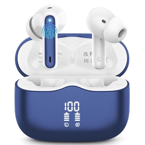 Wireless Earbuds, 2025 Bluetooth 5.4 Headphones HiFi Stereo 3D Bass in Ear Buds, Bluetooth Earphones with 4 ENC Noise Cancelling Mics, 40H Wireless Headphones with IP7 Waterproof, LED Display, Blue