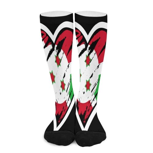 Melbrakin Cœur du drapeau burundais du Burundi Chaussettes de compression pour femmes et hommes, mi-hautes, idéales pour la course à pied et les voyages.