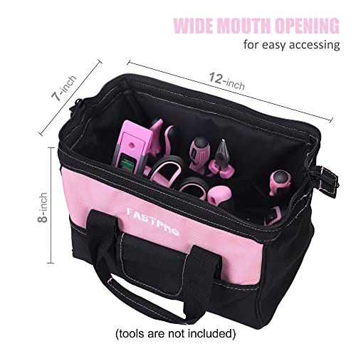 Image of FASTPRO 12-Inch Pink Tool Bag, Wide Mouth Open Storage Bag