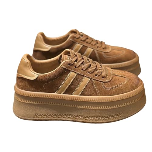 Genuine Leather Chunky Sneakers for Women Round Toe Platform Thick Sole Lace-Up Suede Vintage Trainer Retro Casual Shoes