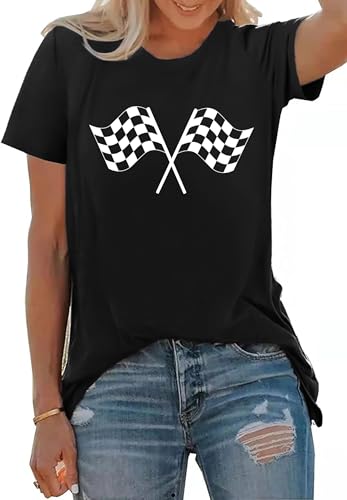 PECHAR Racing Shirt for Women Checkered Flag Graphic car Shirts Race Lover Shirt Raceday Casual Short Sleeve Tee Tops