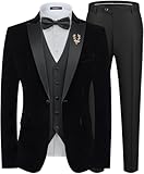MAGE MALE Mens Velvet Suits Slim Fit Peak Lapel Tuxedo 3 Piece One Button Prom Party Banquet Blazer Vest Pants Set with Brooch Black