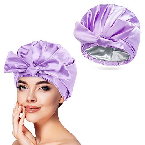 Arqumi Double Layer Shower Cap, Double-Sided Polyester Satin Shower Cap, Reusable Waterproof Shower Cap Bath Cap with Ribbon Bow, Purple