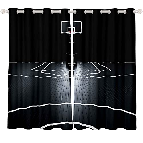 Basketball Curtains For Boys Bedroom Kids Teens Ball Sports Window Curtains Basketball Court Window Drapes Living Room Decor Games Competition Theme Window Treatments Black White 52x96 Inches,2 Panels