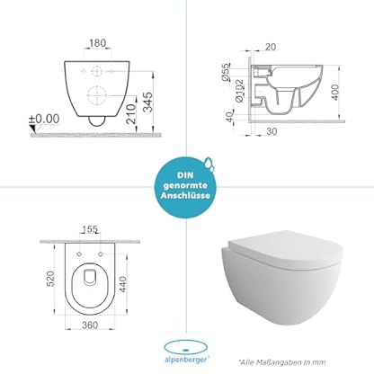 Alpenberger Hänge WC Komplettset | Wand WC Spülrandlos | Toilettendeckel mit Absenkautomatik | Geberit Spülkasten Bausatz Betätigungsplatte | Vorwandelement WC Set Komplett mit Schallschutz – Bild 5