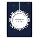 4 Schneekugel Weihnachtskarten mit ihrem Foto im Weihnachts Anhänger mit ihrem eigenen Innen-Text - ohne unser Logo a.d. Rückseite • Klappkarten als liebevoller Weihnachts Gruss