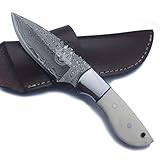 WolfKlinge Handmade Damascus Steel Fixed Blade Knife with Full Tang Bone Handle and Premium Buffalo Hide Leather Sheath for EDC, Fishing, Hunting, Camping, Skinning & Survival DCX17-7