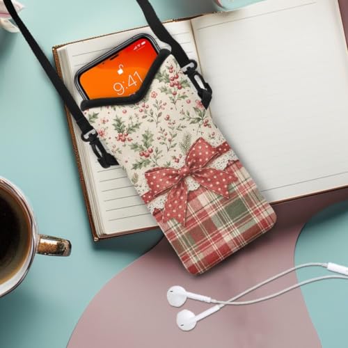 Image of Christmas Crossbody Cell Phone Purse Winter Holiday Small Satchel Pouch for Women Men, for Cellphone, Keys, Lipstick, Cashes, Passport, Bow Christmas Plaid Holly