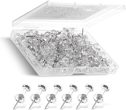 Clear Push Pins - 120 Drawing Pins with Storage Box, Thumb Tacks for Cork, Notice and Bulletin Boards - Map Pins (Clear)