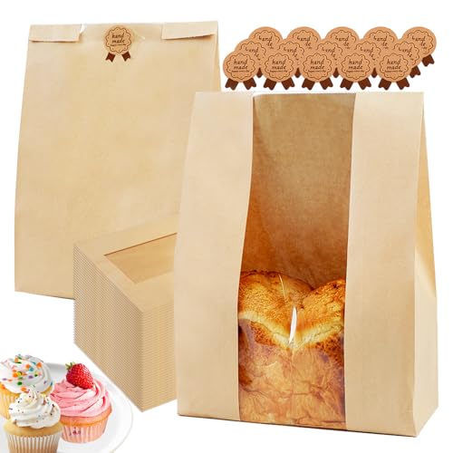 60 Pack Large 14x8.3x3.5in Bread Bags for Homemade Bread, Kraft Paper Bakery Bread Bags with Clear Window and Tin Tie Lock, Thicker Cookie and Snack Storage Bags, Includes 60 Sealing Stickers