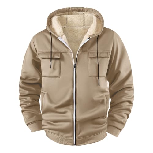 Lovraj Chaqueta con capucha para hombre con forro polar de invierno de manga larga y forro polar, chaqueta de forro polar para otoño e invierno, sudadera con capucha, monocolor, con cremallera, caqui