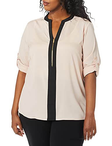 Calvin Klein Women's Modern Essential Zip Front Roll Sleeve Blouse (Standard and Plus)