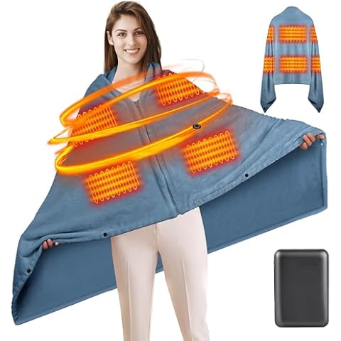 Moteoza Heated Blanket Battery Operated Cordless Heated Shawl USB Rechargeable Outdoor Portable Electric Blanket Wearable Heating Blanket 3 Heating Levels and 6 Heating Zones (Blue) Cover