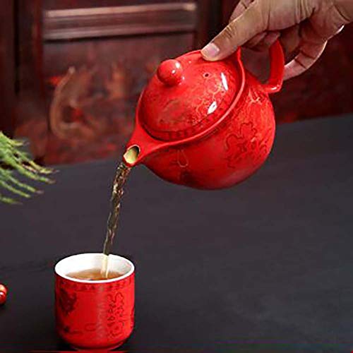 Qwert Chinese Traditional Wedding Teacup, Teacup Set Ceramic Teacup Red Double Happiness With Stainless Steel Filter New Home 1 Teapot 6 Teacup-Red #TOP2