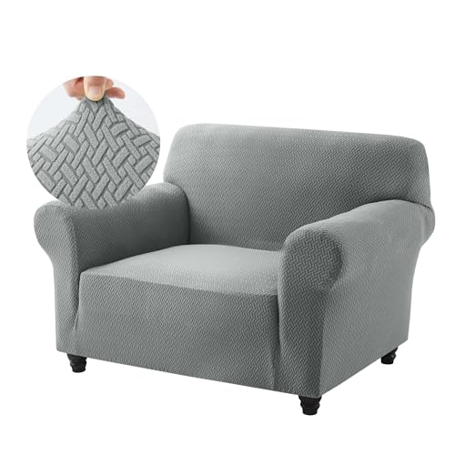 Hafaa High Stretch Sofa Cover – Elastic Fit Chair Covers Non Slip Grey Sofa Slipcovers Jacquard Spandex T Shape Couch Armchair Cover Super Soft Washable Furniture Protector for Kids/Pets (1 Seater)