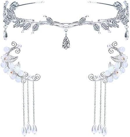 3 Pcs Elf Ear Cuffs Clip-on Earrings Rhinestone Leaf Crown Headband Set Elven Cosplay Fairy Ear Wrap Cuffs Earrings Pearl Tassel for Women Girls Wedding Jewelry