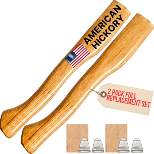 2 Pack American Hickory Axe Handle Replacement for 14" Axes that use 1-1/4 Pound Heads Complete Set with Wooden and Steel Wedges - Hatchet Handle Replacement - Hickory Hatchet Handle Replacement Axe