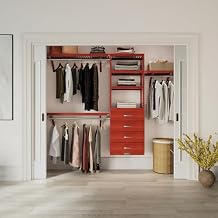 Wood Closet Organizer System with Shelves, 4 Drawers & Hanging Rods - Wall Mounted Reach-in Red Mahogany Finish