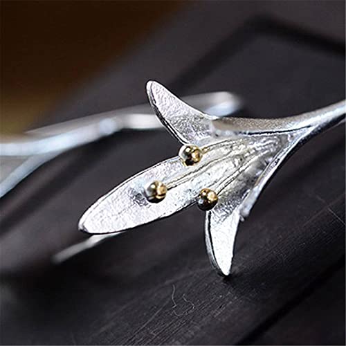 Onlyjump Lily Flower Earrings For Women Girls Personality Fashion S925 Needle Handmade Retro Silver Elegant Thai Ethnic Craft Long 3D Flower Gold Bud Stud Earrings Gifts Valentines/Birthday/ Anniversary / Mother’s Day (Silver) #TOP5