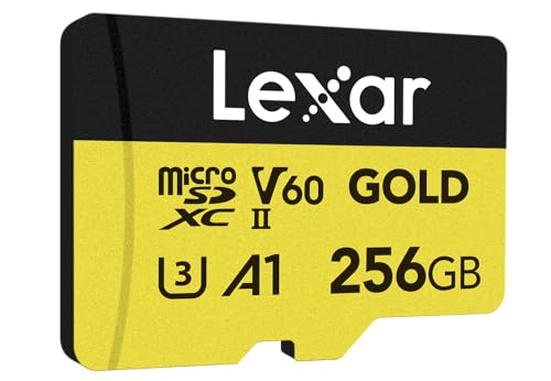 Image of Lexar 256GB Professional Gold Micro SD Card, UHS-II, C10, U3, V60, A1, Full HD, 4K, Up to 280 /180 MB /s microSDXC Memory Card, for Drones, Action Cameras, Portable Gaming Devices (LMSGOLD256G-BNNNG)