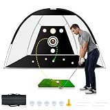 Golf Net, Dikutar 10x7ft Practice Net with 5 Real Balls, Tri-Turf Mat and Portable Storage Bag, All-in-One Durable Hitting Nets for Backyard Driving Swing Outdoor - Gifts for Golf Lover & Father's Day
