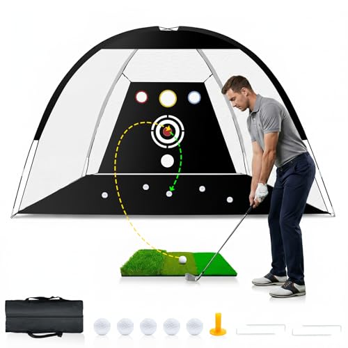 Golf Net, Dikutar 10x7ft Practice Net with 5 Real Balls, Tri-Turf Mat and Portable Storage Bag, All-in-One Durable Hitting Nets for Backyard Driving Swing Outdoor - Gifts for Golf Lover & Father's Day