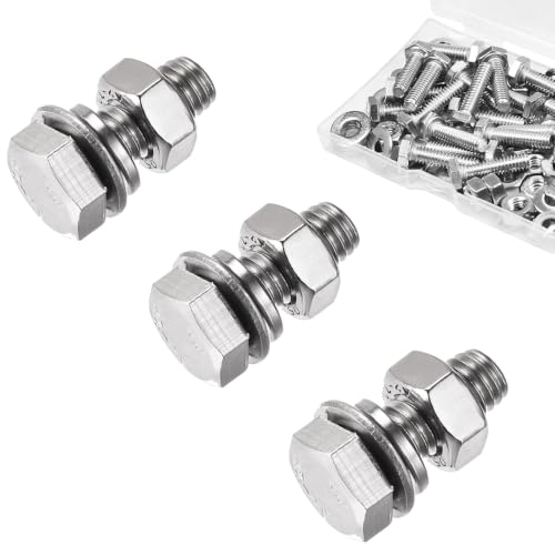 Image of M8 x 16mm Hex Head Screws Bolts, Nuts, Flat & Lock Washers Kits | M8-1.25mm 304 Stainless Steel Fully Thread Hexagon Bolts 12 Sets Fully Threaded Hex Tap Metric Right Hand External Hex Drive