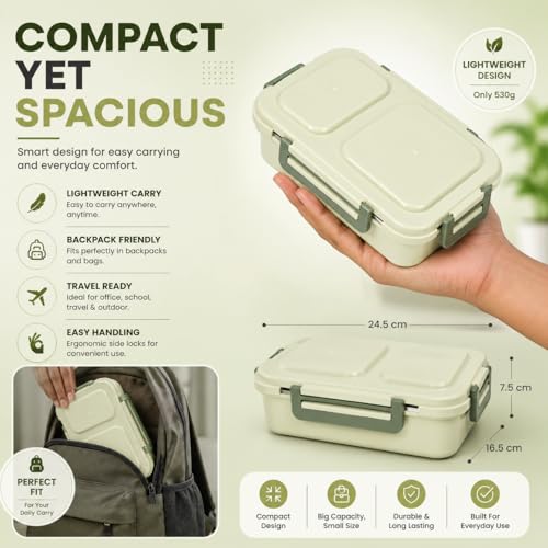 Image of Premium 2 Compartment Stainless Steel Lunch Box with Airtight Leakproof Lid | Durable Food Storage Bento Box with Secure Lock Clips (Grey Color)