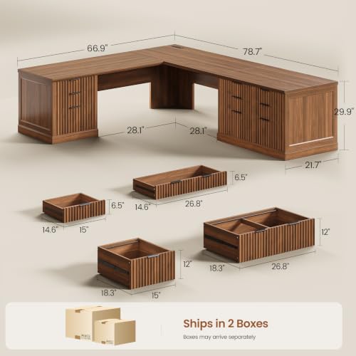 Image of SEDETA Fluted 78.8 inch L Shaped Desk with 6 Drawers, Fluted Brown